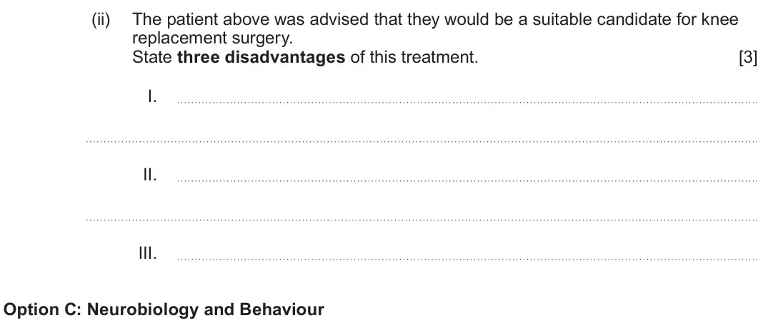 June 2025 Component 3, question 8(d)(ii): The patient above was advised that they would be a suitable candidate for knee replacement surgery. State three disadvantages of this treatment. [3] I. II. III.