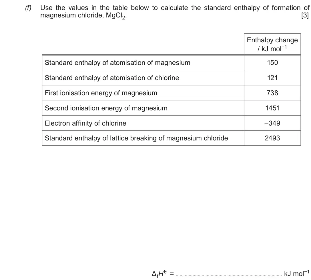 June 2017 Component 1, question 11(f): Use the values in the table below to calculate the standard enthalpy of formation of magnesium chloride, MgCl2. [3] Enthalpy change / kJ mol−1 Standard enthalpy