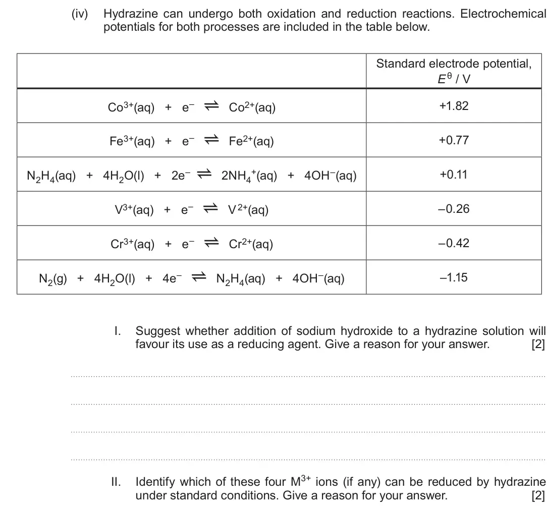 June 2019 Component 1, question 13(b)(iv): Hydrazine can undergo both oxidation and reduction reactions. Electrochemical potentials for both processes are included in the table below. Standard electrode 