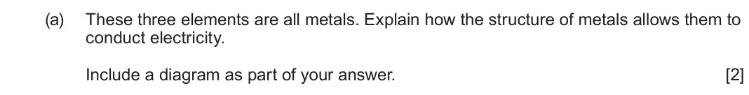June 2024 Component 1, question 10(a): These three elements are all metals. Explain how the structure of metals allows them to conduct electricity. Include a diagram as part of your answer. [2]