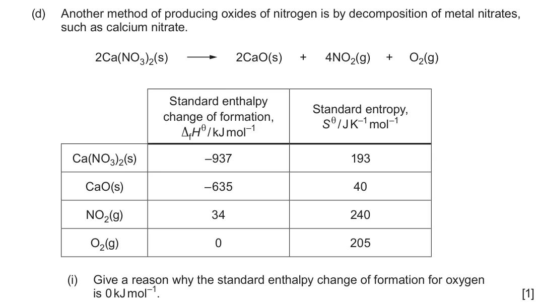 June 2024 Component 1, question 13(d)(i): Give a reason why the standard enthalpy change of formation for oxygen is 0 kJ mol–1. [1]