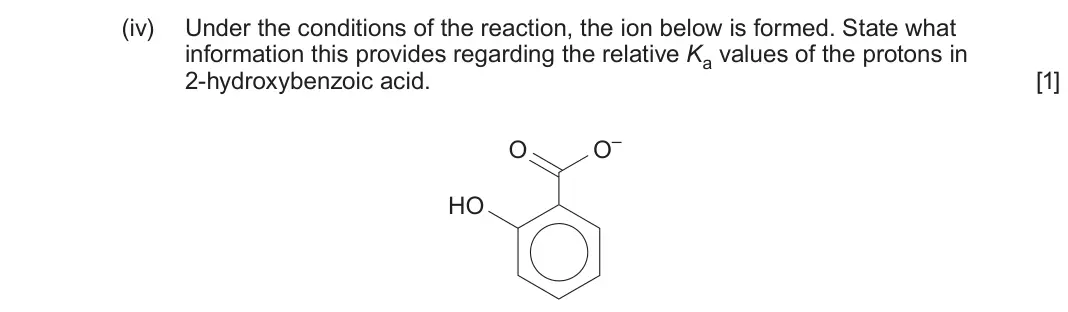June 2025 Component 1, question 12(d)(iv): Under the conditions of the reaction, the ion below is formed. State what information this provides regarding the relative Ka values of the protons in 2-hydroxy
