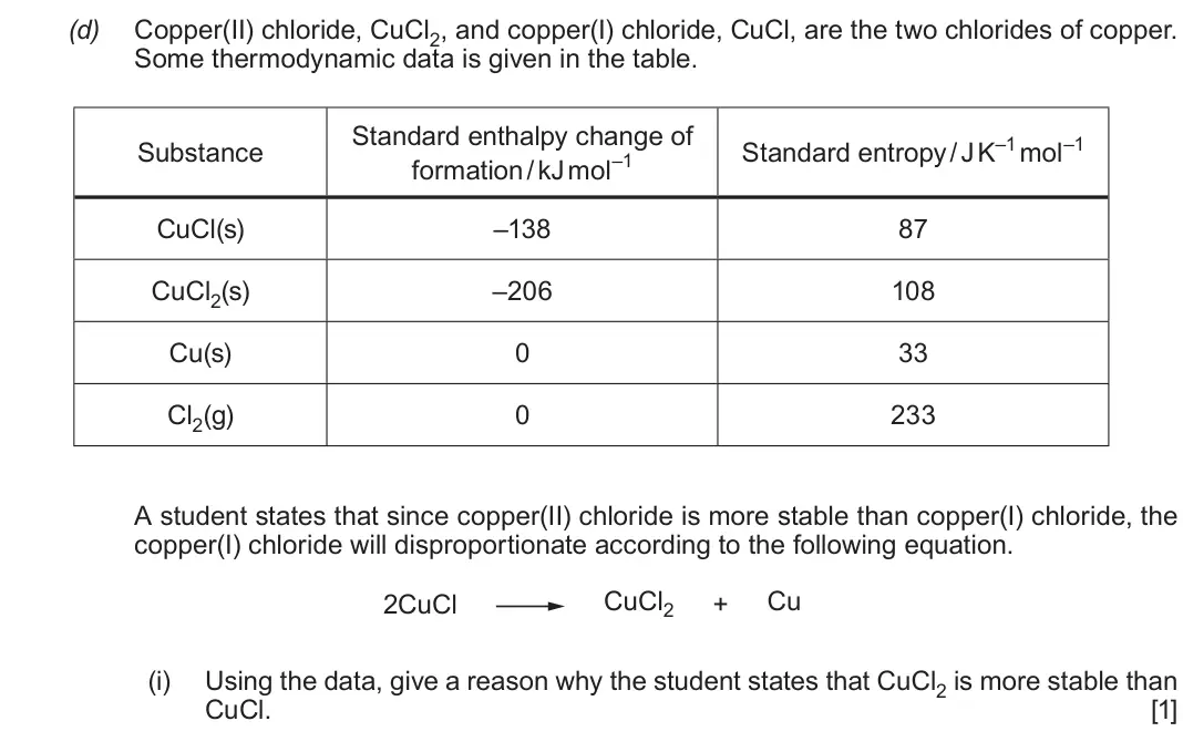 Autumn 2021 Component 1, question 11(d)(i): Using the data, give a reason why the student states that CuCl2 is more stable than CuCl. [1]