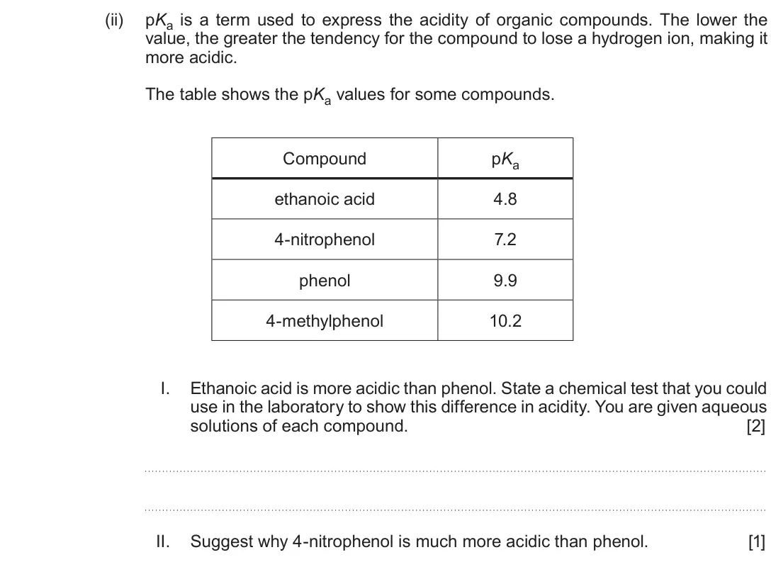 June 2018 Component 2, question 12(d)(ii): pKa is a term used to express the acidity of organic compounds. The lower the value, the greater the tendency for the compound to lose a hydrogen ion, making it