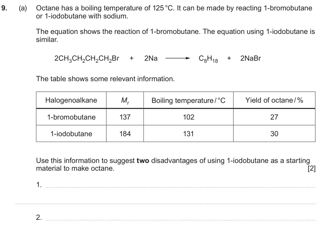 June 2024 Component 2, question 9(a): Octane has a boiling temperature of 125 °C. It can be made by reacting 1-bromobutane or 1-iodobutane with sodium. The equation shows the reaction of 1-bromobuta