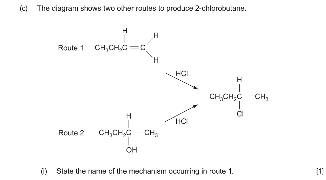 June 2024 Component 2, question 9(c)(i): State the name of the mechanism occurring in route 1 [1]