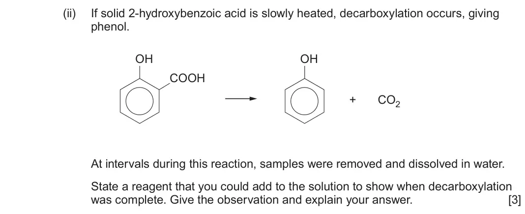 June 2024 Component 2, question 11(c)(ii): If solid 2-hydroxybenzoic acid is slowly heated, decarboxylation occurs, giving phenol. OH OH COOH + CO2 At intervals during this reaction, samples were removed