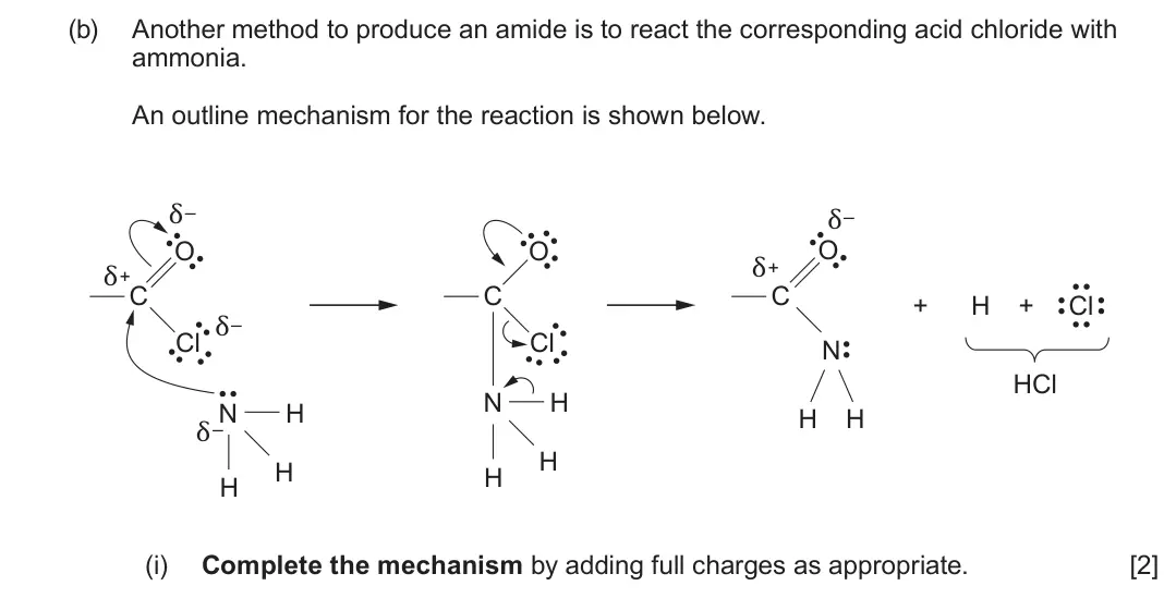 June 2025 Component 2, question 8(b)(i): Complete the mechanism by adding full charges as appropriate. [2]