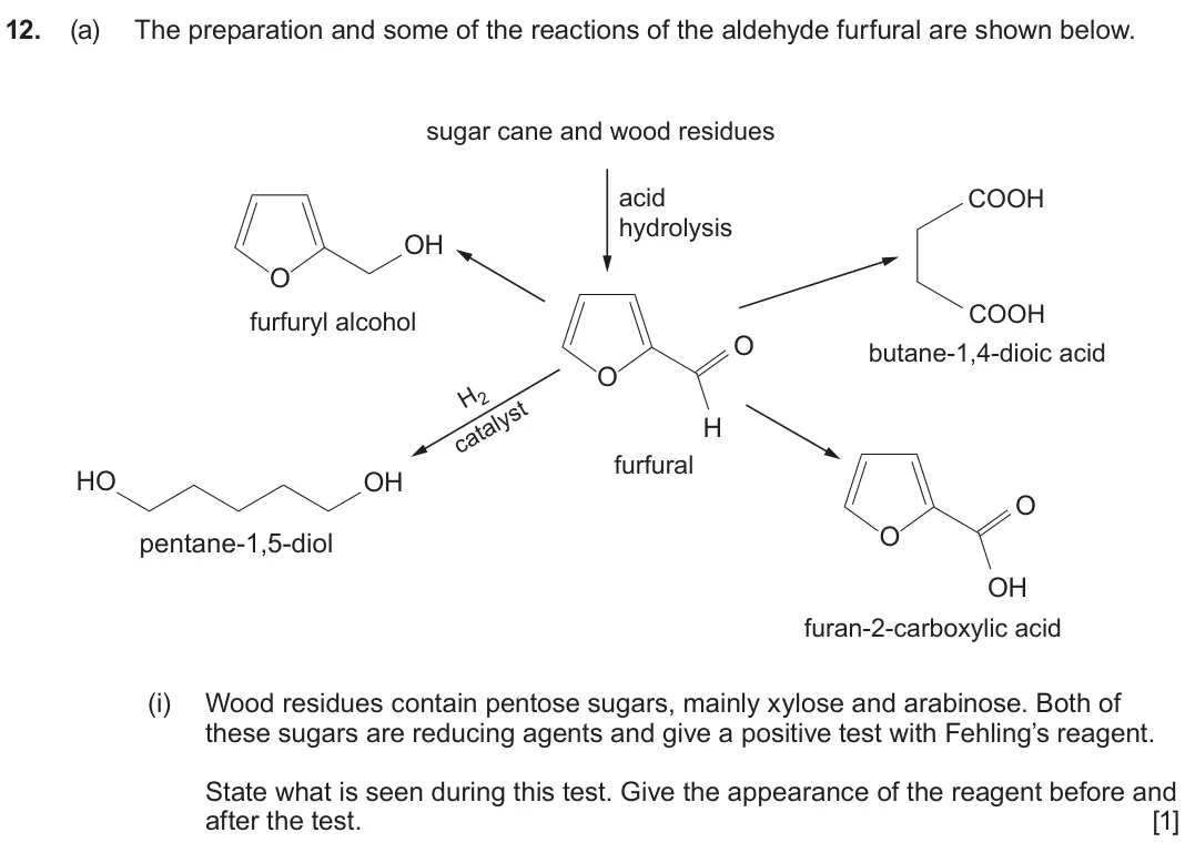 June 2025 Component 2, question 12(a)(i): Wood residues contain pentose sugars, mainly xylose and arabinose. Both of these sugars are reducing agents and give a positive test with Fehling’s reagent. Sta