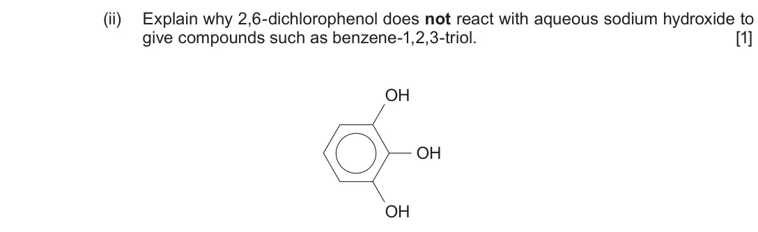 Autumn 2020 Component 2, question 9(c)(ii): Explain why 2,6-dichlorophenol does not react with aqueous sodium hydroxide to give compounds such as benzene-1,2,3-triol. [1] OH OH OH