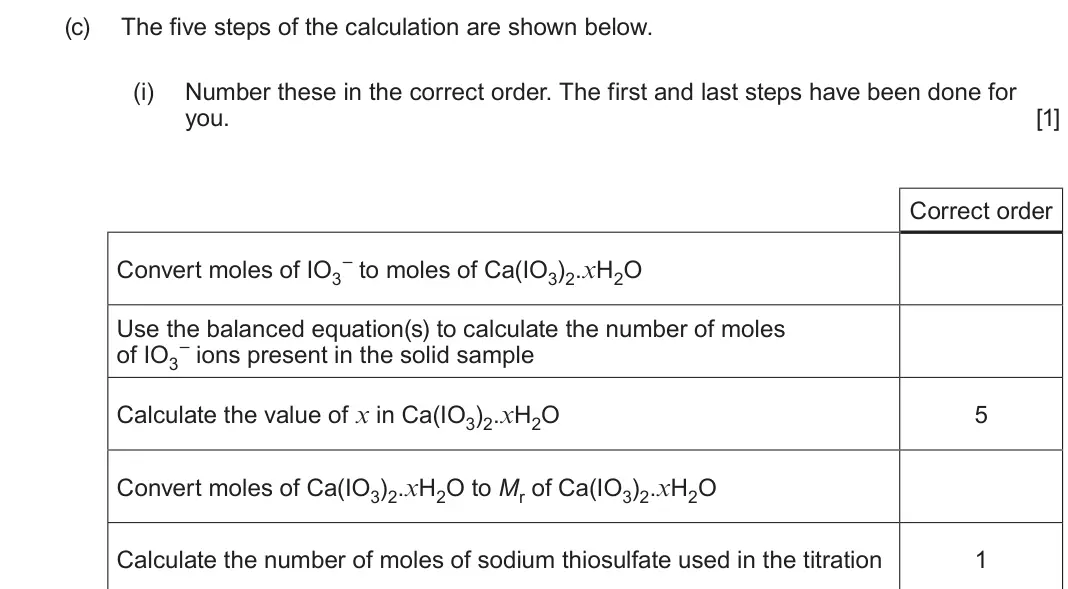 June 2024 Component 3, question 1(c)(i):  of Ca(IO3)2.xH2O / g 0.481 0.493 0.474 Volume of S2O3 2–(aq) / cm3 21.45 22.00 21.15 (c) The five steps of the calculation are shown below. (i) Number these in