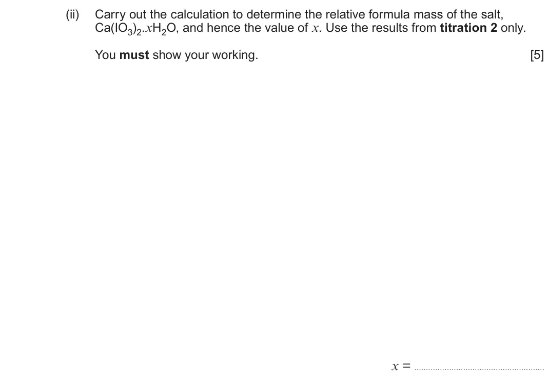 June 2024 Component 3, question 1(c)(ii): Carry out the calculation to determine the relative formula mass of t