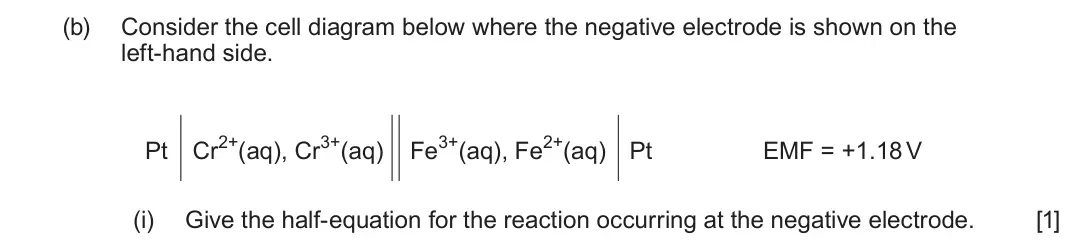 June 2024 Component 3, question 2(b)(i): Give the half-equation for the reaction occurring at the negative electrode. [1]