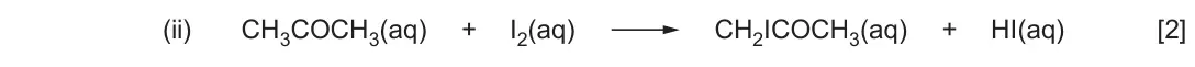 Autumn 2020 Component 3, question 4(a)(ii): CH3COCH3(aq) + I2(aq) CH2ICOCH3(aq) + HI(aq) [2]