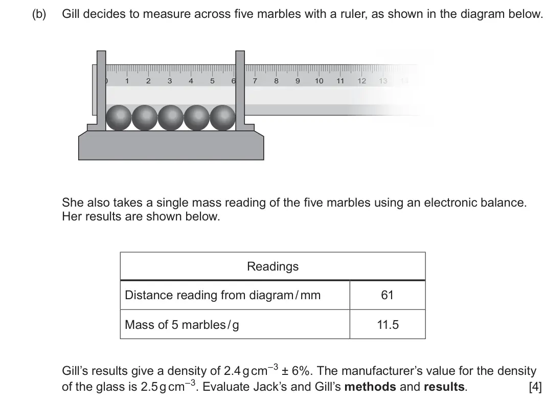 June 2024 Component 1, question 1(b): Gill decides to measure across five marbles with a ruler, as shown in the diagram below. 0 1 2 3 4 5 6 7 8 9 10 11 12 13 14 15 16 1 She also takes a single mass
