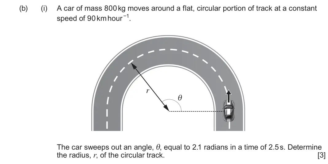 June 2024 Component 1, question 4(b)(i): A car of mass 800 kg moves around a flat, circular portion of track at a constant speed of 90 km hour −1 r θ The car sweeps out an angle, θ, equal to 2.1 radian
