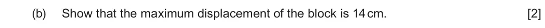 June 2024 Component 1, question 5(b): Show that the maximum displacement of the block is 14 cm. [2]