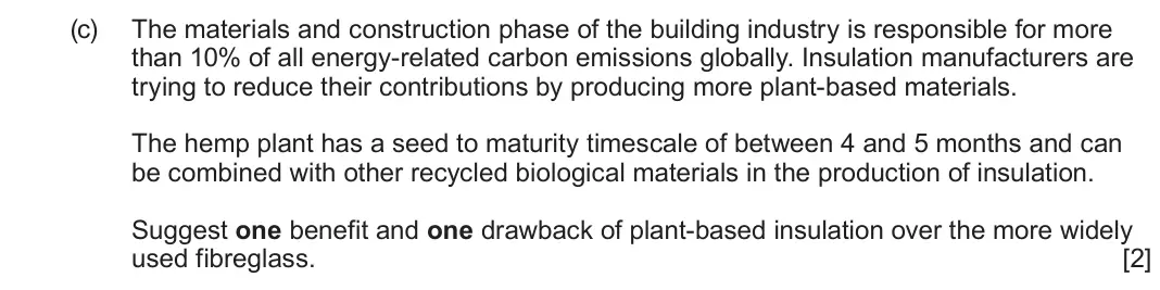June 2025 Component 1, question 7(c): The materials and construction phase of the building industry is responsible for more than 10% of all energy-related carbon emissions globally. Insulation manuf
