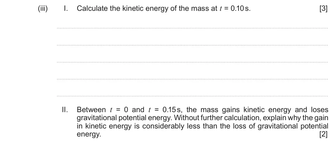 Autumn 2021 Component 1, question 5(a)(iii): I. Calculate the kinetic energy of the mass at t = 0.10 s. [3] II. Between t = 0 and t = 0.15 s, the mass gains kinetic energy and loses gravitational potential