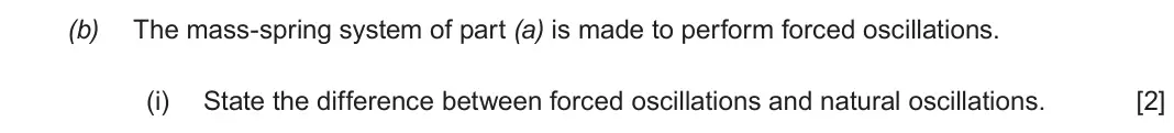 Autumn 2021 Component 1, question 5(b)(i): State the difference between forced oscillations and natural oscillations. [2]