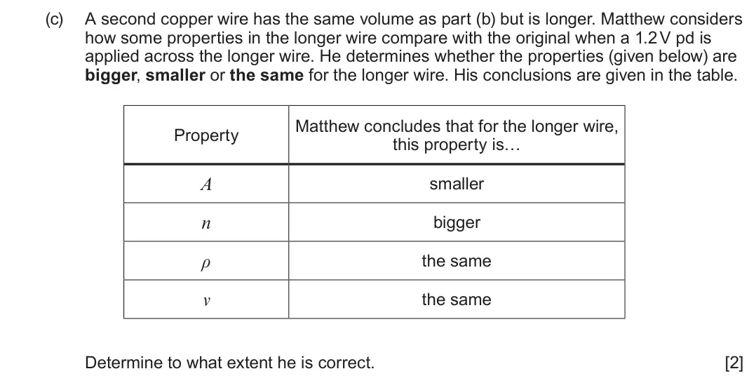 June 2023 Component 2, question 2(c): A second copper wire has the same volume as part (b) but is longer. Matthew considers how some properties in the longer wire compare with the original when a 1.