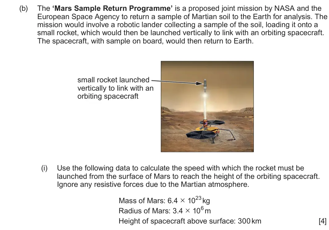 June 2023 Component 2, question 5(b)(i): Use the following data to calculate the speed with which the rocket must be launched from the surface of Mars to reach the height of the orbiting spacecraft. Ig