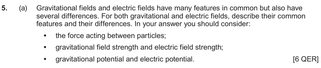 June 2024 Component 2, question 5(a): Gravitational fields and electric fields have many features in common but also have several differences. For both gravitational and electric fields, describe th