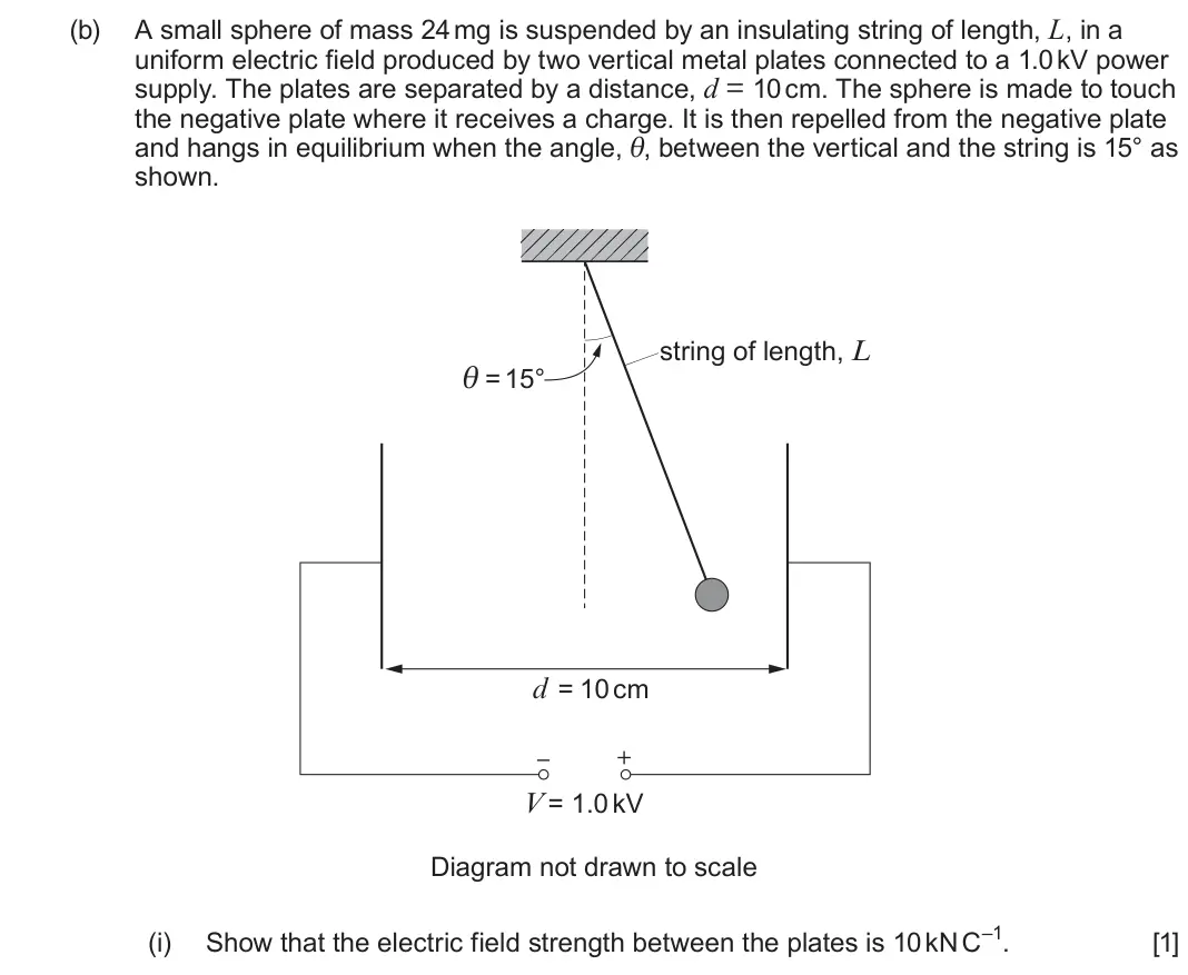 June 2024 Component 2, question 5(b)(i): Show that the electric field strength between the plates is 10 kN C–1 [1]