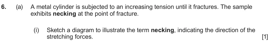 June 2024 Component 2, question 6(a)(i): Sketch a diagram to illustrate the term necking, indicating the direction of the stretching forces. [1]