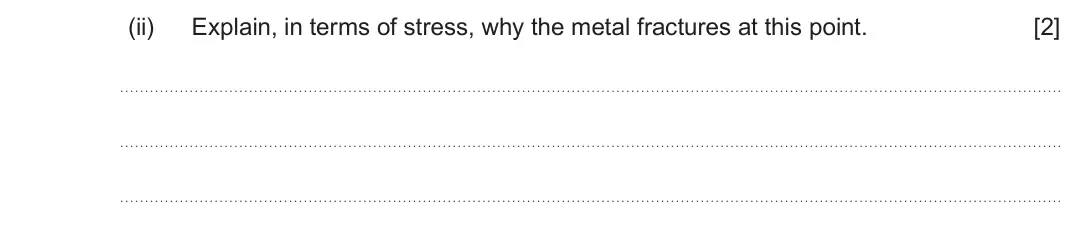 June 2024 Component 2, question 6(a)(ii): Explain, in terms of stress, why the metal fractures at this point. [2]