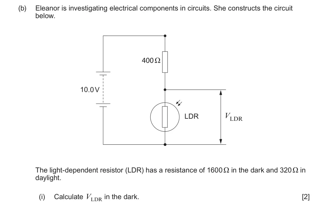 June 2025 Component 2, question 3(b)(i): Calculate VLDR in the dark. [2]