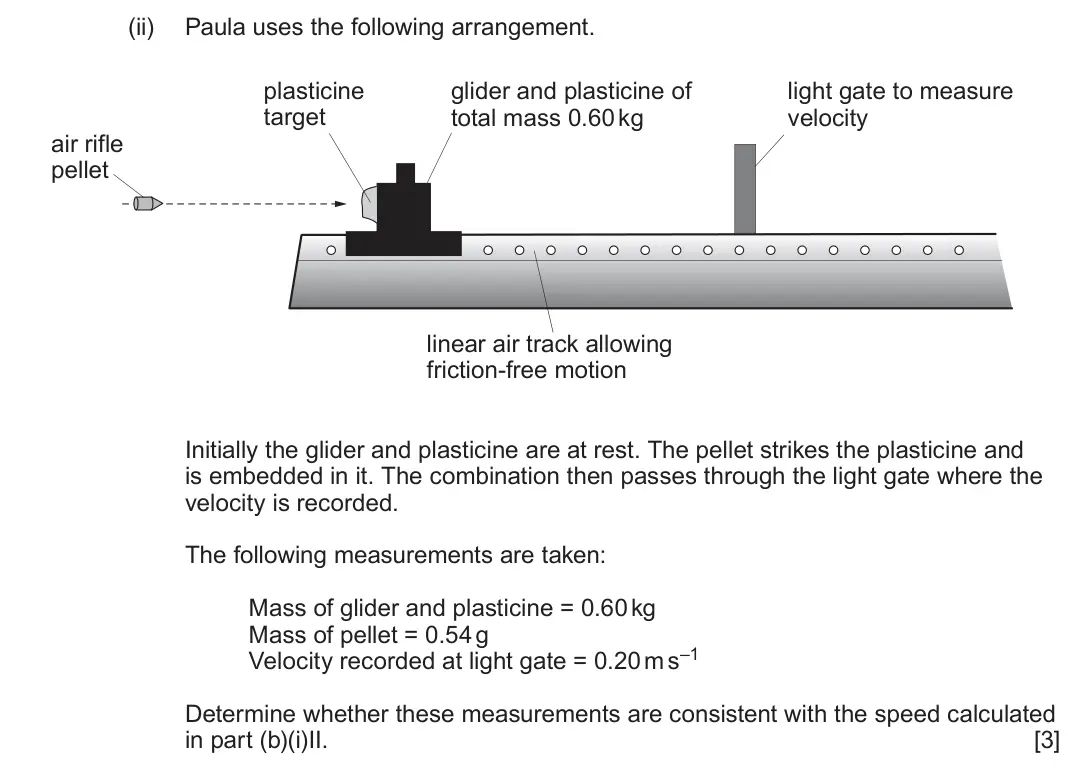 June 2025 Component 2, question 4(b)(ii): Paula uses the following arrangement. plasticine glider and plasticine of light gate to measure target total mass 0.60 kg velocity air rifle pellet linear air t