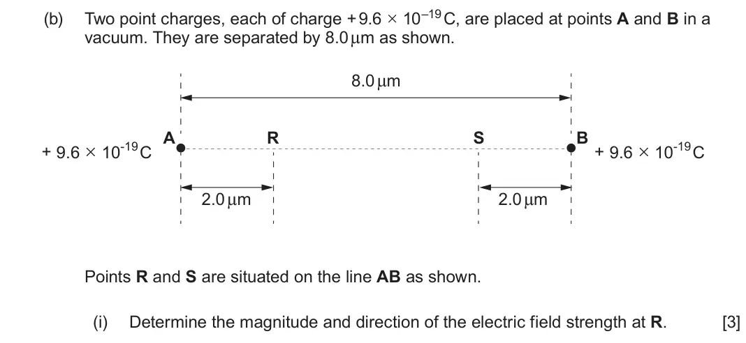 June 2025 Component 2, question 6(b)(i): Determine the magnitude and direction of the electric field strength at R. [3]