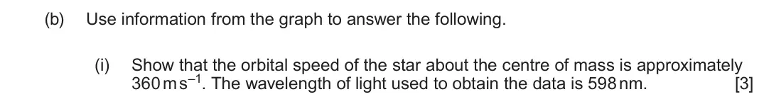 June 2025 Component 2, question 7(b)(i): Show that the orbital speed of the star about the centre of mass is approximately 360 m s–1. The wavelength of light used to obtain the data is 598 nm. [3]