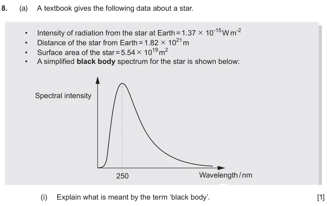 June 2025 Component 2, question 8(a)(i): Explain what is meant by the term ‘black body’. [1]