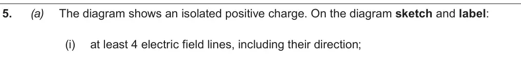 Autumn 2021 Component 2, question 5(a)(i): at least 4 electric field lines, including their direction;