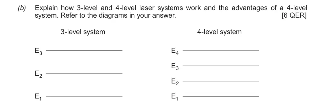 June 2019 Component 3, question 3(b): Explain how 3-level and 4-level laser systems work and the advantages of a 4-level system. Refer to the diagrams in your answer. [6 QER] 3-level system 4-level 