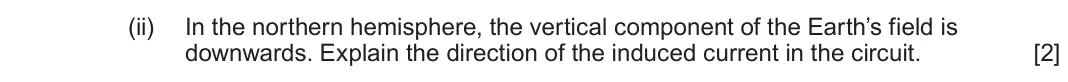 June 2023 Component 3, question 10(a)(ii): In the northern hemisphere, the vertical component of the Earth’s field is downwards. Explain the direction of the induced current in the circuit. [2]