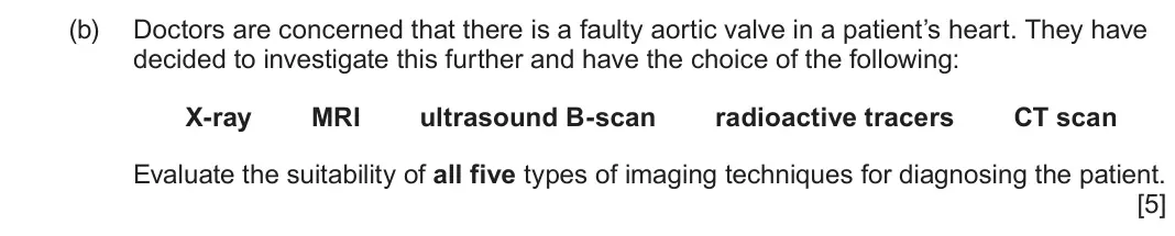June 2023 Component 3, question 12(b): Doctors are concerned that there is a faulty aortic valve in a patient’s heart. They have decided to investigate this further and have the choice of the followi