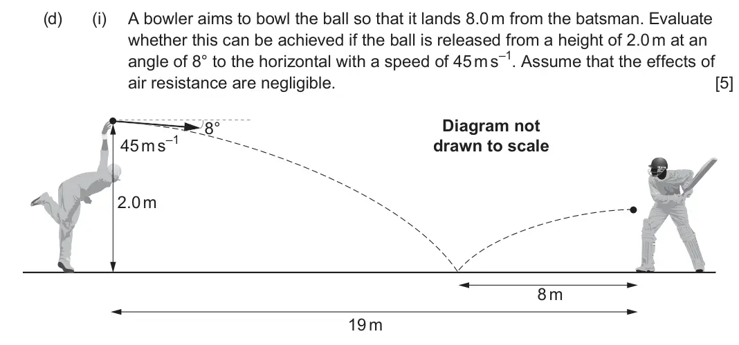 June 2023 Component 3, question 13(d)(i): A bowler aims to bowl the ball so that it lands 8.0 m from the batsman. Evaluate whether this can be achieved if the ball is released from a height of 2.0 m at