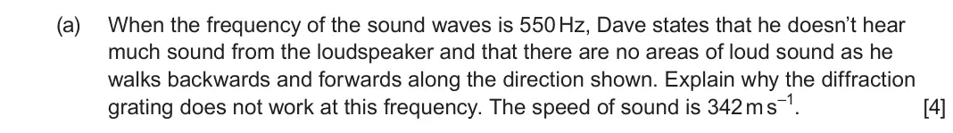 June 2024 Component 3, question 1(a): When the frequency of the sound waves is 550 Hz, Dave states that he doesn’t hear much sound from the loudspeaker and that there are no areas of loud sound as h