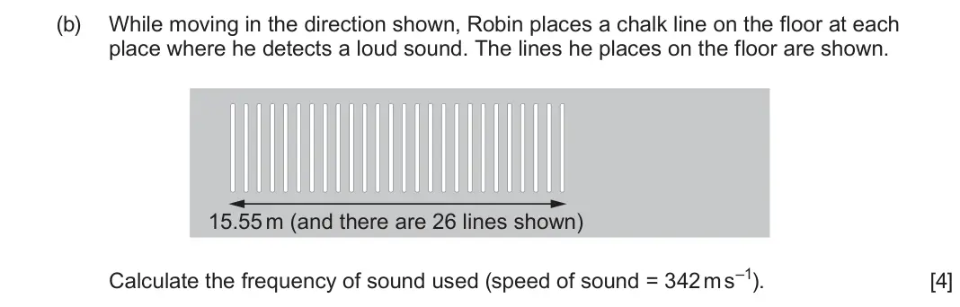 June 2024 Component 3, question 2(b): While moving in the direction shown, Robin places a chalk line on the floor at each place where he detects a loud sound. The lines he places on the floor are sh