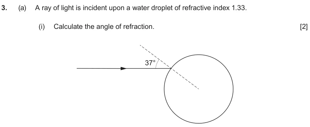 June 2024 Component 3, question 3(a)(i): Calculate the angle of refraction. [2] 37°
