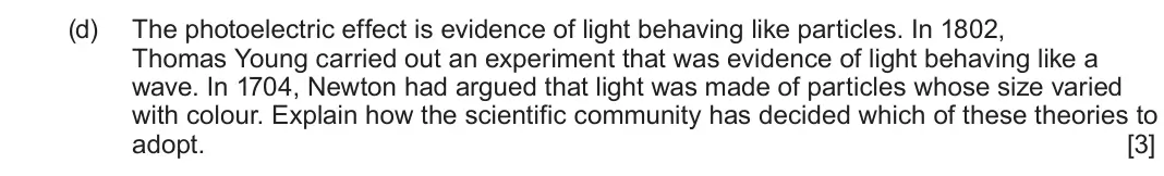 June 2024 Component 3, question 4(d): The photoelectric effect is evidence of light behaving like particles. In 1802, Thomas Young carried out an experiment that was evidence of light behaving like