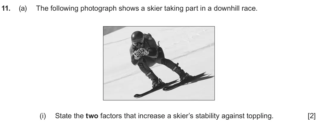 June 2024 Component 3, question 11(a)(i): State the two factors that increase a skier’s stability against toppling. [2]