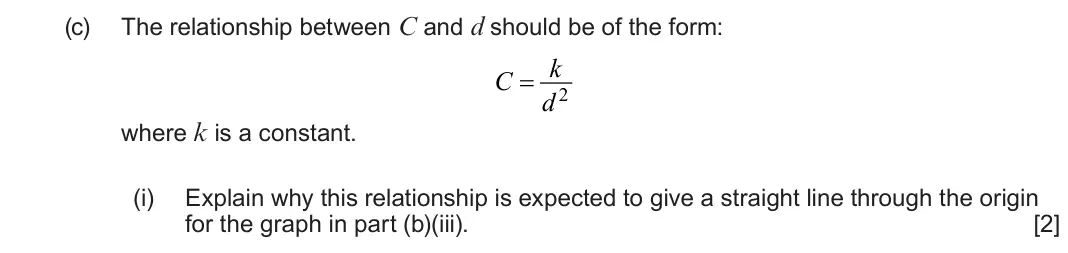June 2025 Component 3, question 5(c)(i): Explain why this relationship is expected to give a straight line through the origin for the graph in part (b)(iii). [2]