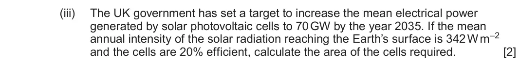 June 2025 Component 3, question 12(b)(iii): The UK government has set a target to increase the mean electrical power generated by solar photovoltaic cells to 70 GW by the year 2035 If the mean annual inte