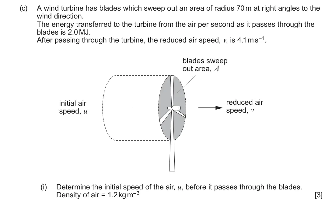 June 2025 Component 3, question 12(c)(i): Determine the initial speed of the air, u, before it passes through the blades. Density of air = 1.2 kg m–3 [3]