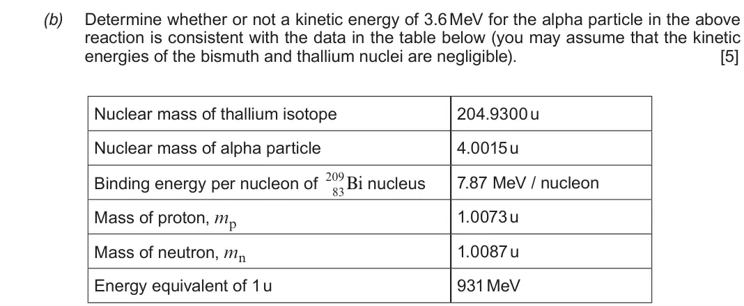 Autumn 2020 Component 3, question 7(b): Determine whether or not a kinetic energy of 3.6 MeV for the alpha particle in the above reaction is consistent with the data in the table below (you may assume