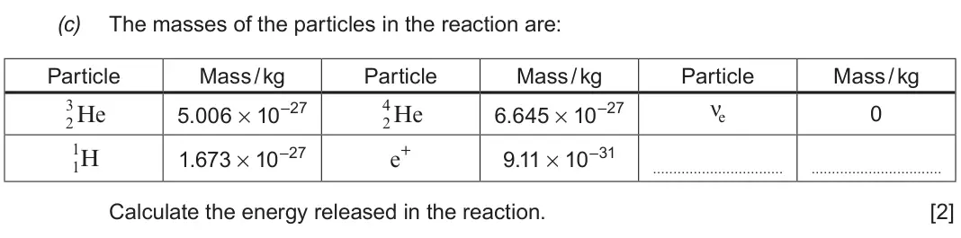 Autumn 2021 Component 3, question 7(c): The masses of the particles in the reaction are: Particle Mass / kg Particle Mass / kg Particle Mass / kg 3 2 He 5.006 × 10–27 4 2 He 6.645 × 10–27 νe 0 1 1H 1.
